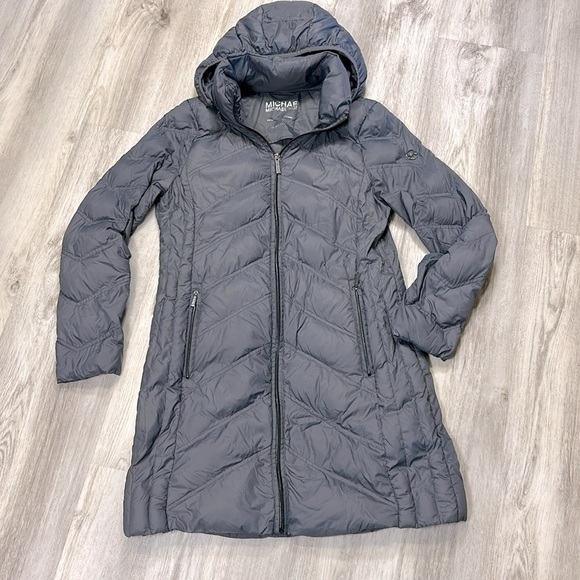 Michael Kors Packable Down Long Puffer Coat – Chevron Quilted Slate Gray / Sz M - Picture 2 of 9